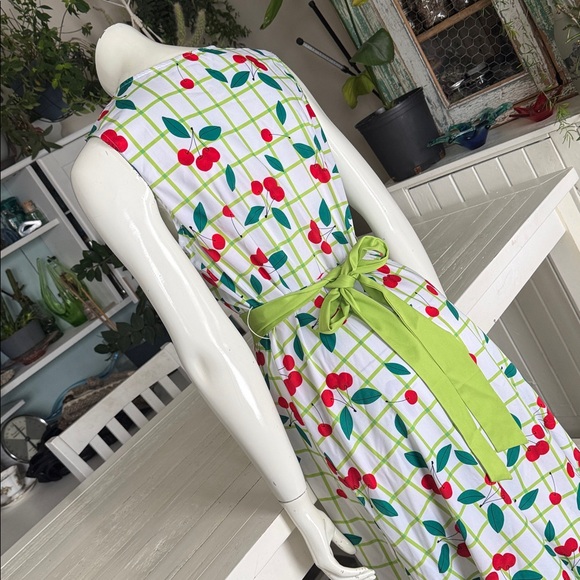 Sleeveless White Cherry Print Midi Dress Green Waistband NWOT XL 50/60s vibes - Picture 6 of 15